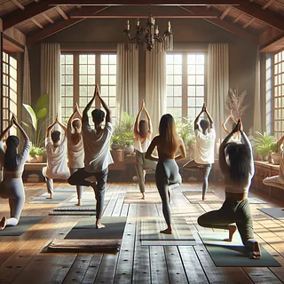 Personas practicando yoga en un estudio clásico