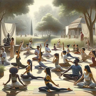 Personas practicando yoga en grupo, estilo clásico