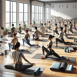 Realistic stock image of yoga class in session
